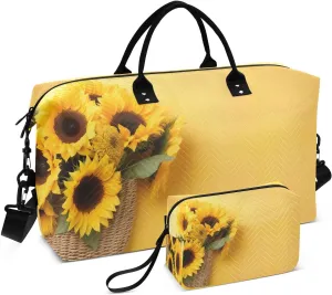 Sinestour Yellow Sunflower Travel Duffel Bag for Men Women with Makeup Bag Weekend Overnight Carry On Bags for Travel Weekend Getaway