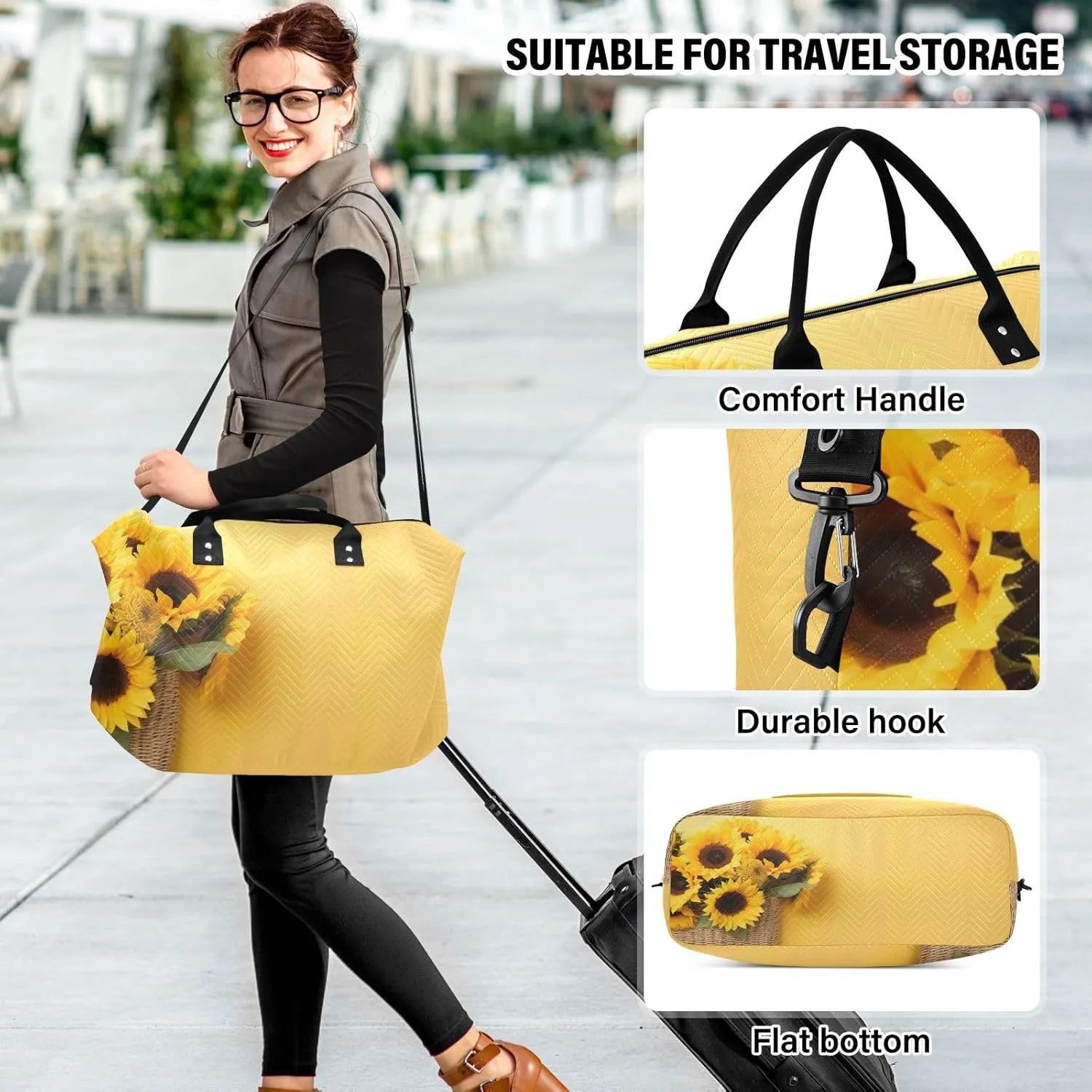 Sinestour Yellow Sunflower Travel Duffel Bag for Men Women with Makeup Bag Weekend Overnight Carry On Bags for Travel Weekend Getaway