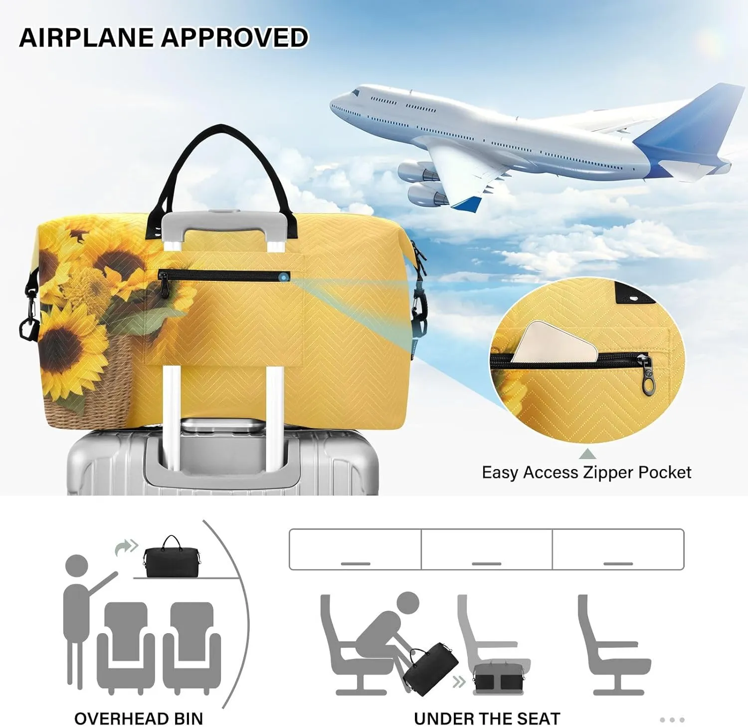 Sinestour Yellow Sunflower Travel Duffel Bag for Men Women with Makeup Bag Weekend Overnight Carry On Bags for Travel Weekend Getaway