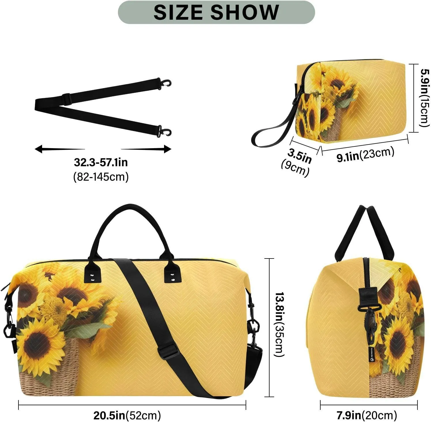 Sinestour Yellow Sunflower Travel Duffel Bag for Men Women with Makeup Bag Weekend Overnight Carry On Bags for Travel Weekend Getaway