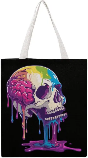 Skeleton Skull A Brain Invade Canvas Tote Bags Portable Shopping Grocery Bag Shoulder Handbag with Handles