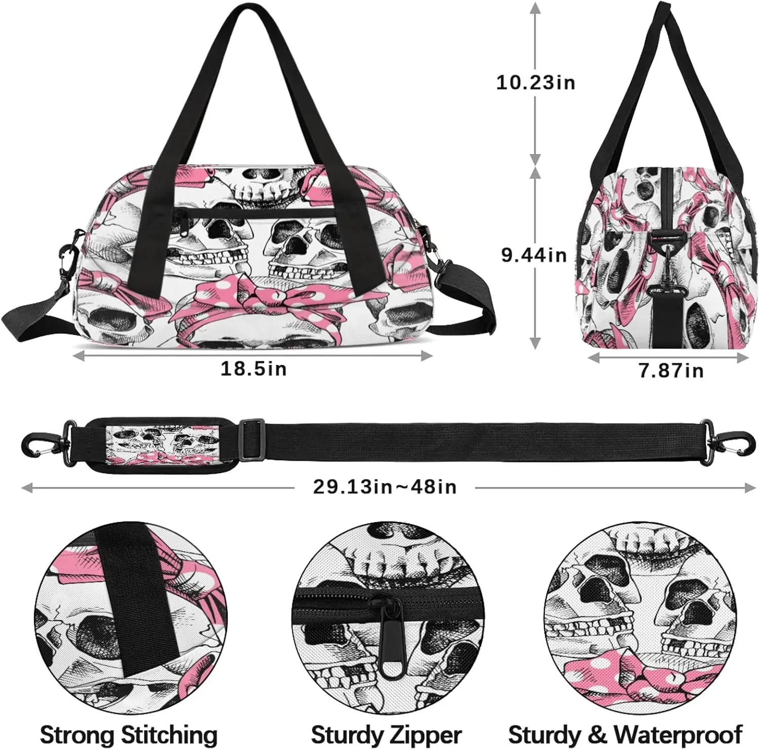 Skull Cute Pink Wide Mouth Kids Duffel Bag Lightweight Waterproof Sports Gym Bag with Front Zipper Pocket Foldable Weekender Overnight Bag for School Practice Gymnastic Ballet