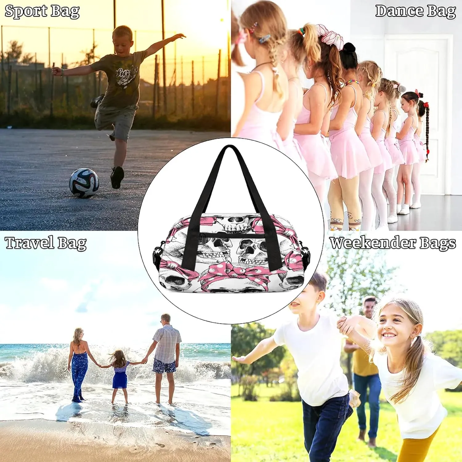 Skull Cute Pink Wide Mouth Kids Duffel Bag Lightweight Waterproof Sports Gym Bag with Front Zipper Pocket Foldable Weekender Overnight Bag for School Practice Gymnastic Ballet