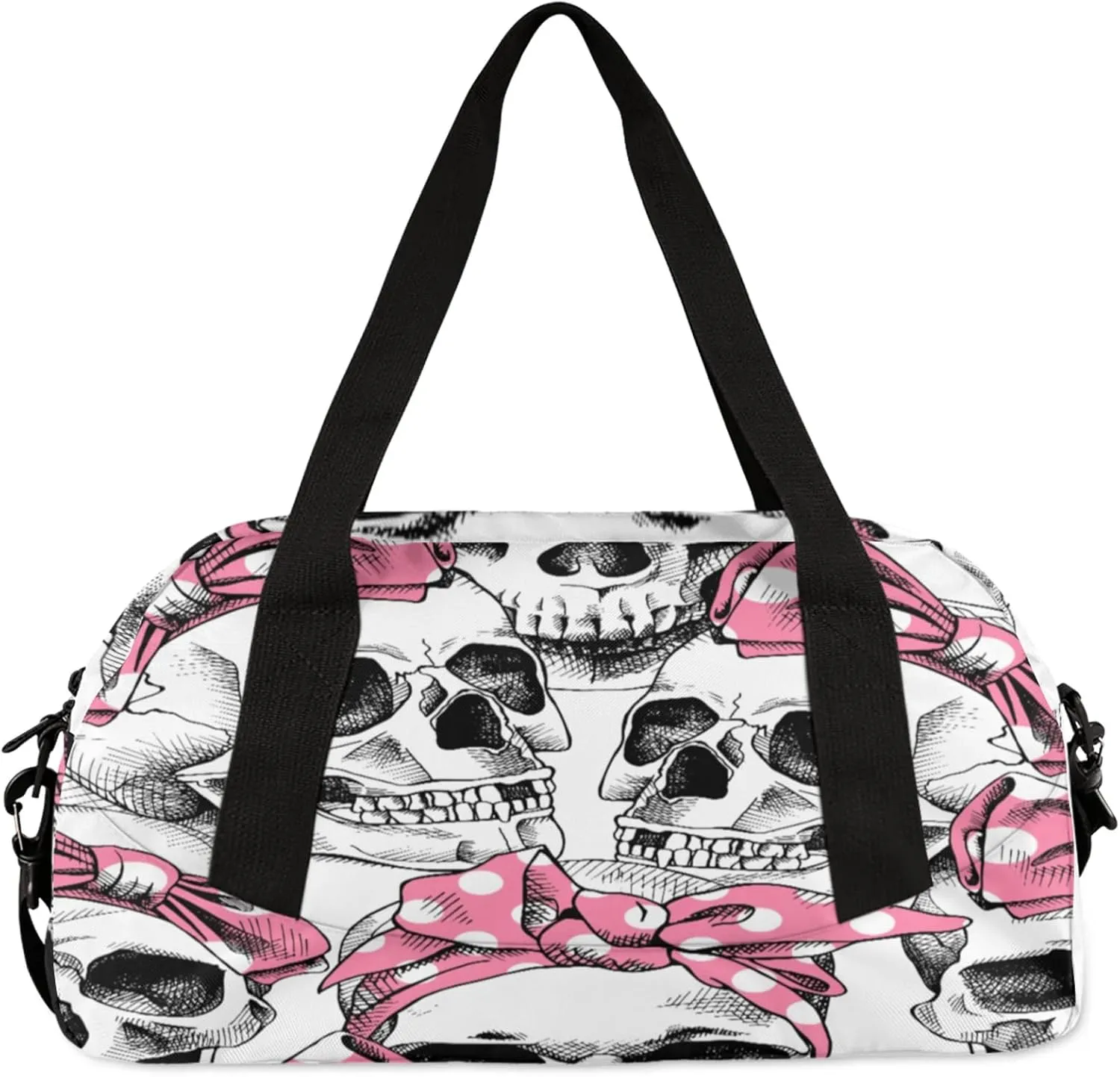 Skull Cute Pink Wide Mouth Kids Duffel Bag Lightweight Waterproof Sports Gym Bag with Front Zipper Pocket Foldable Weekender Overnight Bag for School Practice Gymnastic Ballet