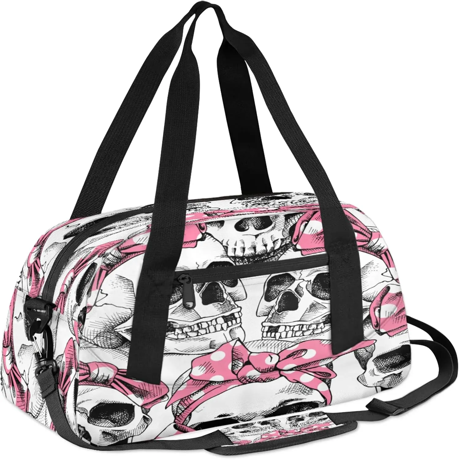 Skull Cute Pink Wide Mouth Kids Duffel Bag Lightweight Waterproof Sports Gym Bag with Front Zipper Pocket Foldable Weekender Overnight Bag for School Practice Gymnastic Ballet