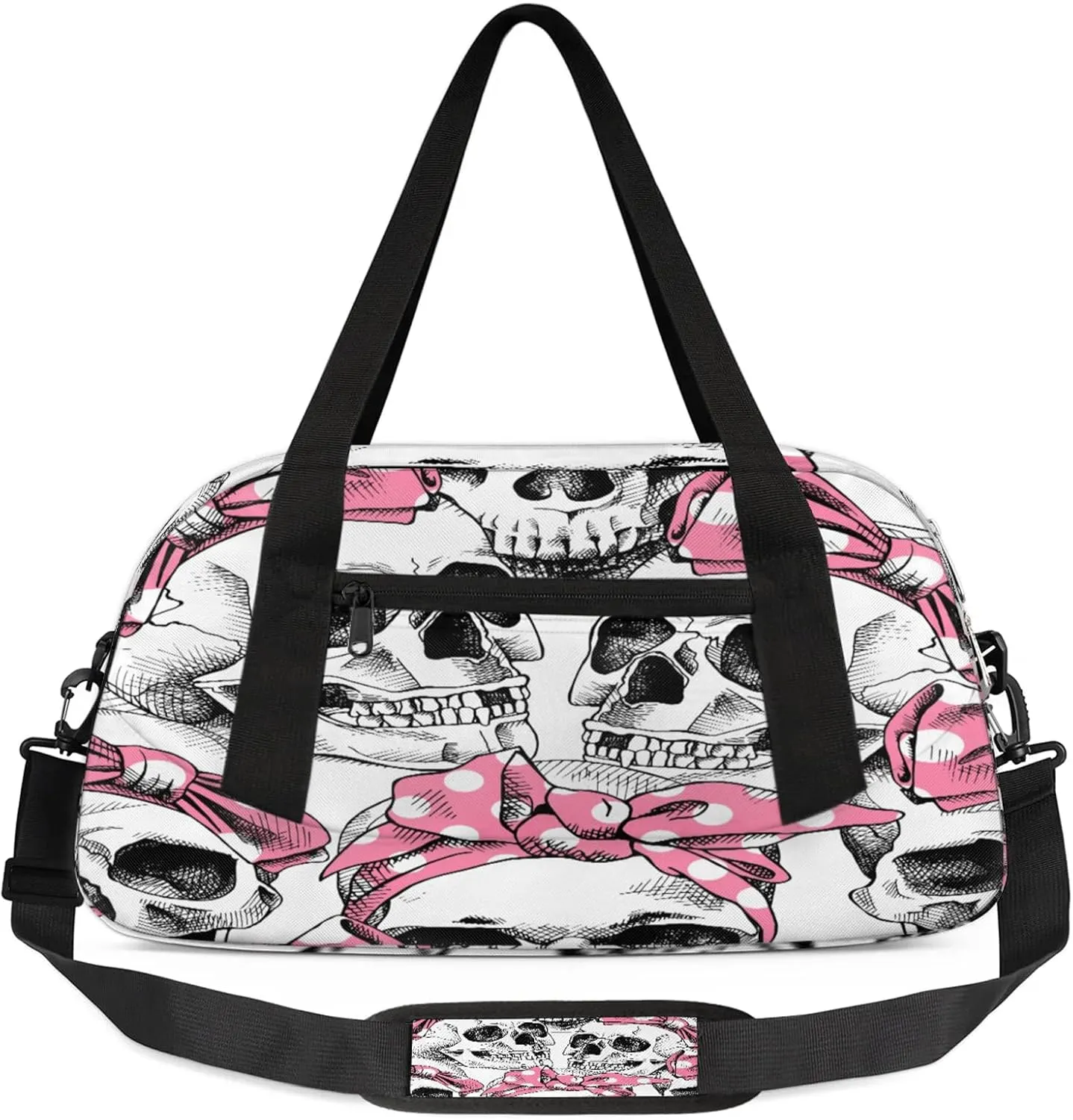 Skull Cute Pink Wide Mouth Kids Duffel Bag Lightweight Waterproof Sports Gym Bag with Front Zipper Pocket Foldable Weekender Overnight Bag for School Practice Gymnastic Ballet
