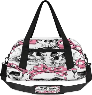 Skull Cute Pink Wide Mouth Kids Duffel Bag Lightweight Waterproof Sports Gym Bag with Front Zipper Pocket Foldable Weekender Overnight Bag for School Practice Gymnastic Ballet