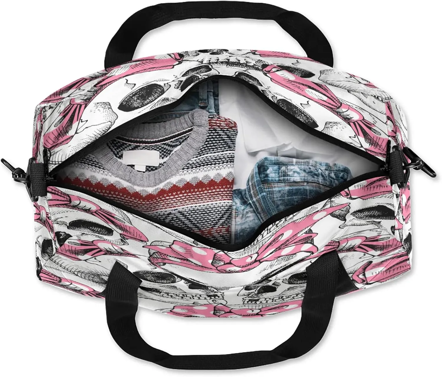 Skull Cute Pink Wide Mouth Kids Duffel Bag Lightweight Waterproof Sports Gym Bag with Front Zipper Pocket Foldable Weekender Overnight Bag for School Practice Gymnastic Ballet