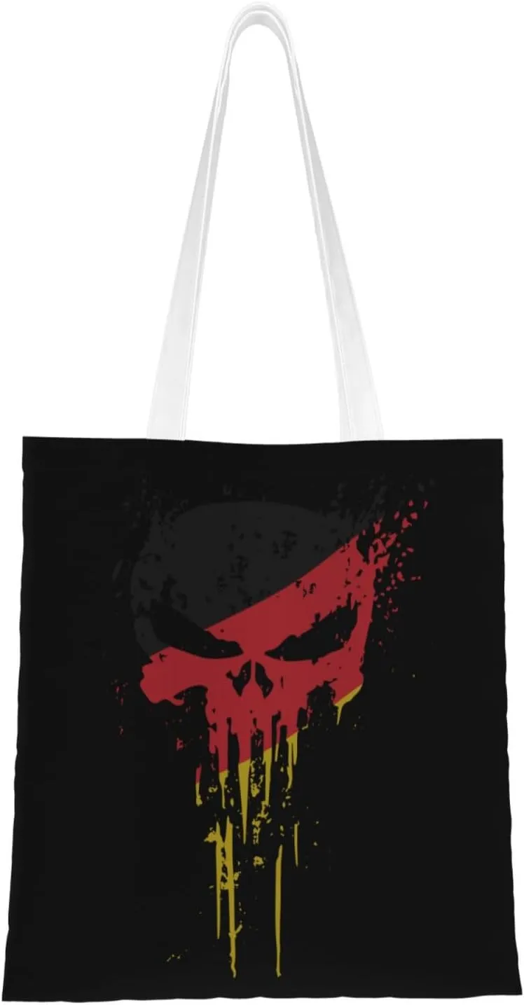 Skull Head Germany Flag Tote Bag for Women Canvas Shopping Bags Reusable Large Capacity Casual Shoulder Handbags Grocery Bags DIY Gift Bags
