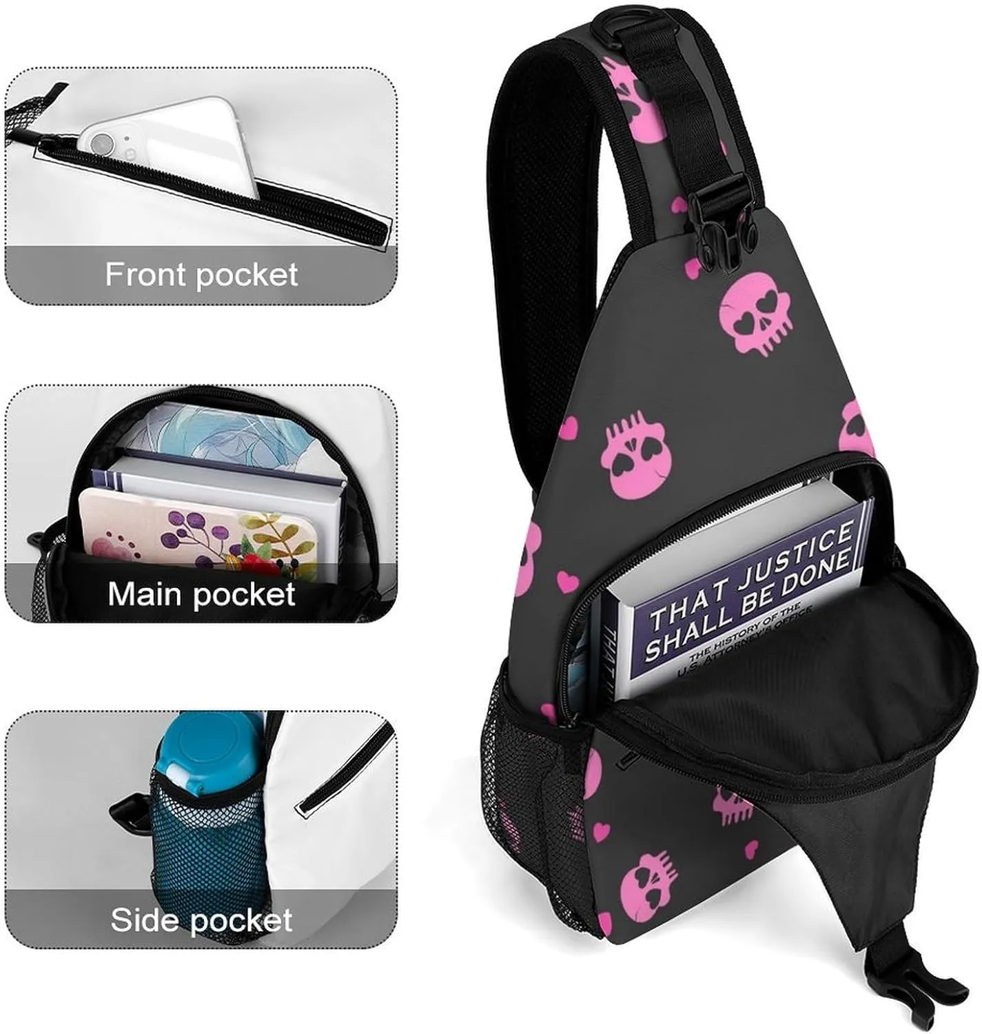 Skull Heart Sling Backpack Man Womens Crossbody Backpack Chest Bag Cycling Daypack Shoulder Bag Small Cross Body Bags Outdoor Backpacks