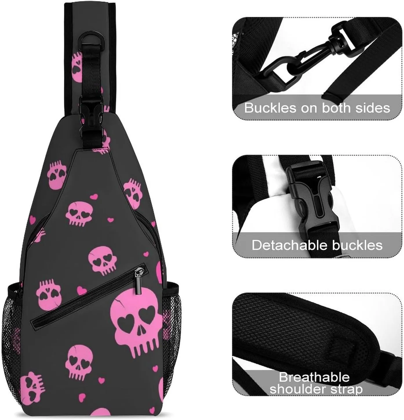 Skull Heart Sling Backpack Man Womens Crossbody Backpack Chest Bag Cycling Daypack Shoulder Bag Small Cross Body Bags Outdoor Backpacks