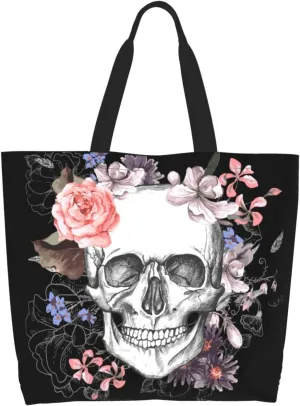Skull Rose Tote Bag For Women, Large Shoulder Bags Foldable Grocery Handbag For Travel Shopping Sport Picnic