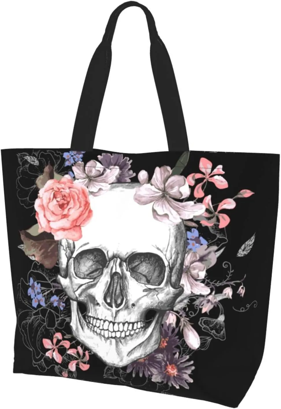 Skull Rose Tote Bag For Women, Large Shoulder Bags Foldable Grocery Handbag For Travel Shopping Sport Picnic