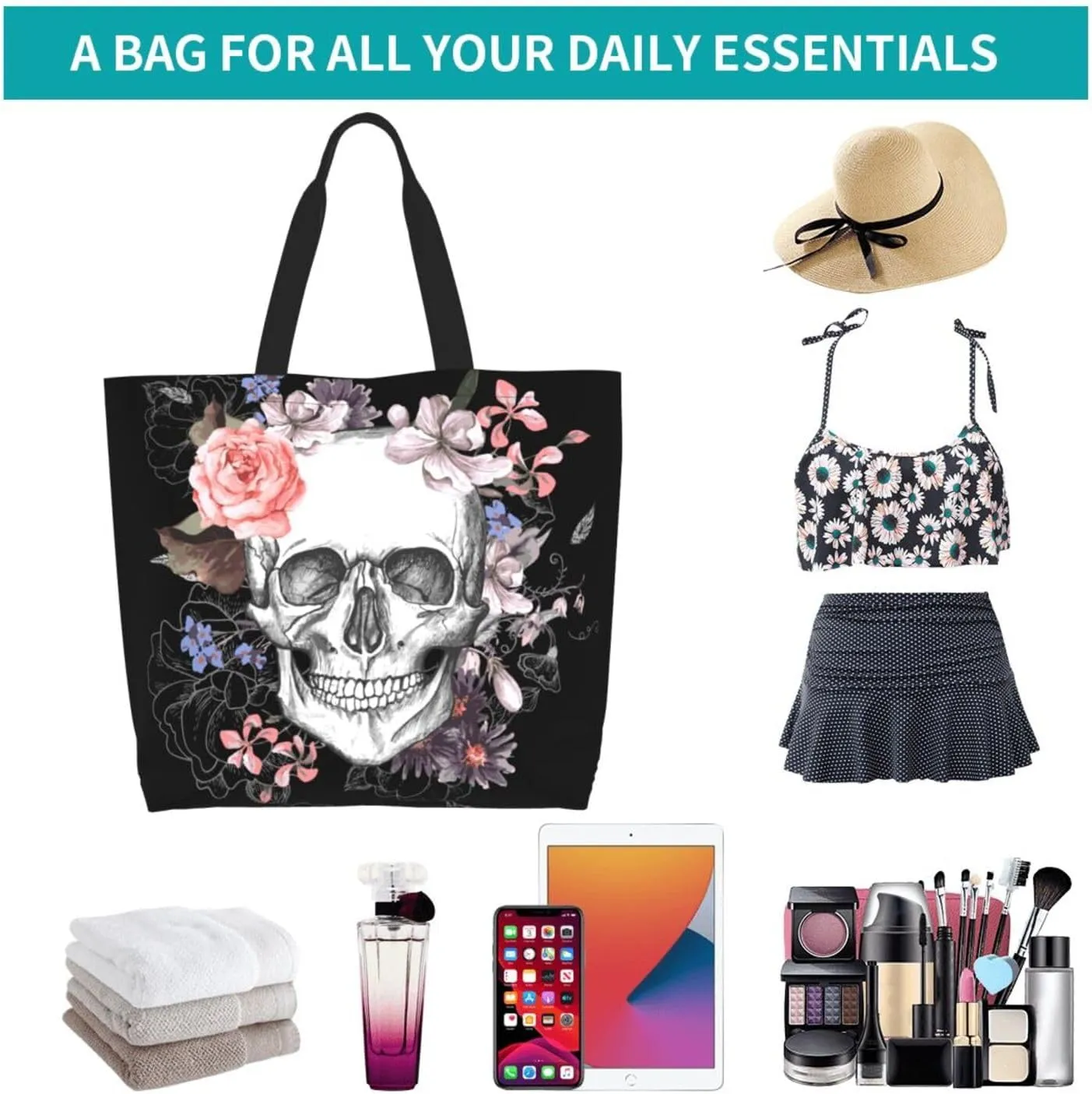 Skull Rose Tote Bag For Women, Large Shoulder Bags Foldable Grocery Handbag For Travel Shopping Sport Picnic