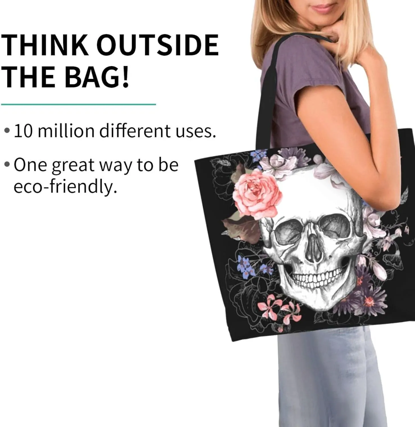 Skull Rose Tote Bag For Women, Large Shoulder Bags Foldable Grocery Handbag For Travel Shopping Sport Picnic