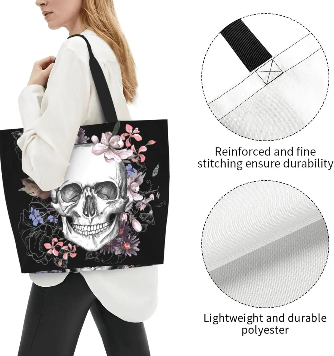 Skull Rose Tote Bag For Women, Large Shoulder Bags Foldable Grocery Handbag For Travel Shopping Sport Picnic