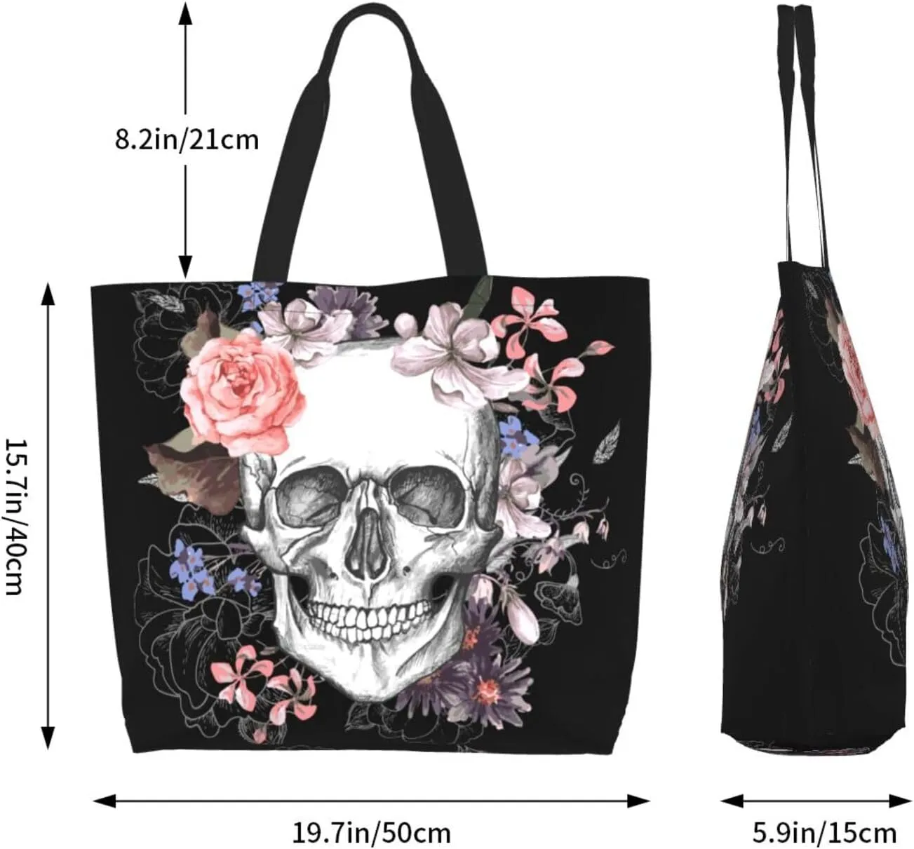 Skull Rose Tote Bag For Women, Large Shoulder Bags Foldable Grocery Handbag For Travel Shopping Sport Picnic