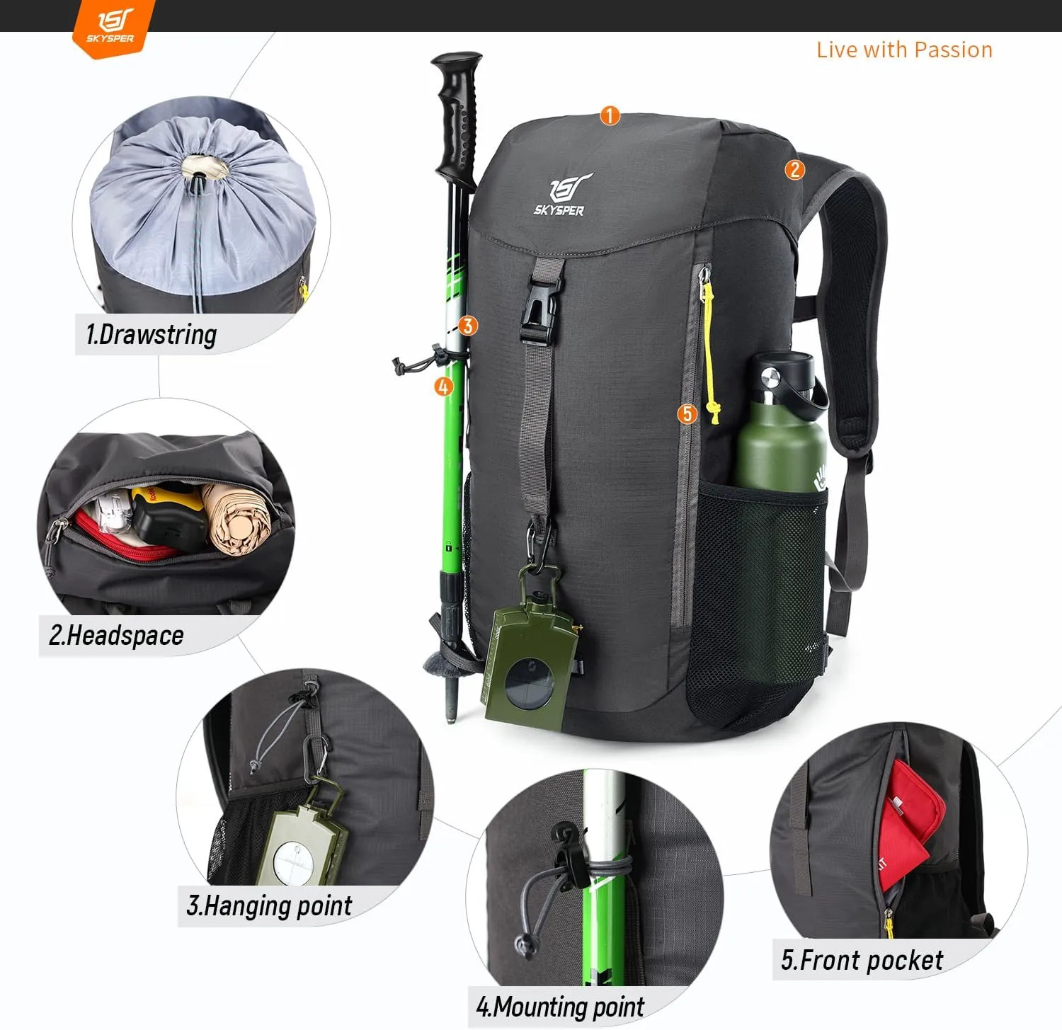 SKYSPER Hiking Backpack Small, 25L Lightweight Travel Daypack Breathable Backpacking Backpacks for Men Women