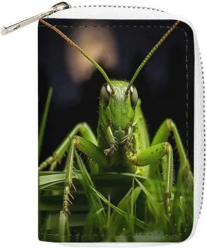 Slim Credit Card Holder Minimalist Grasshopper on Grass Printing Leather Card Bag Compact Card Organizer For Daily Use