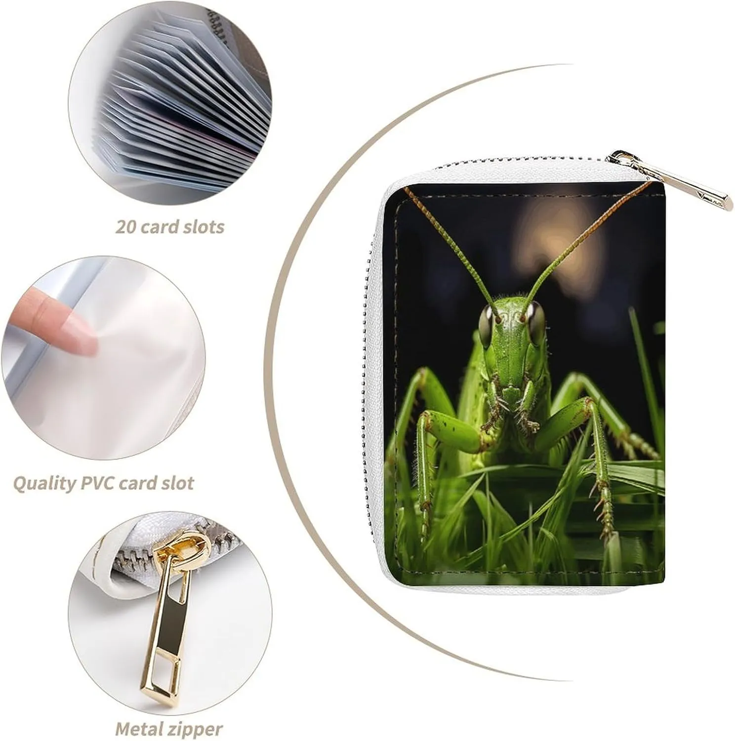 Slim Credit Card Holder Minimalist Grasshopper on Grass Printing Leather Card Bag Compact Card Organizer For Daily Use
