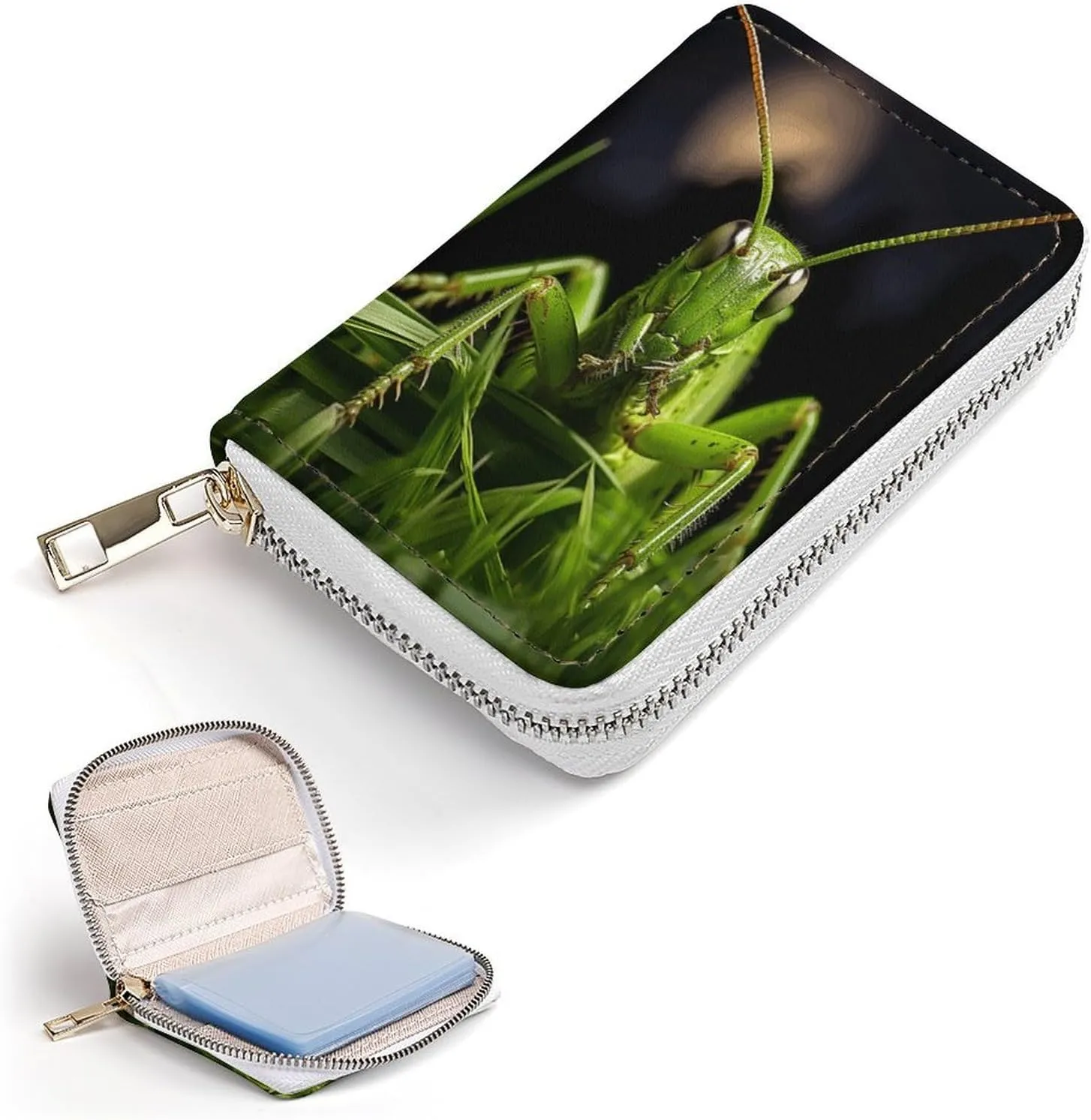 Slim Credit Card Holder Minimalist Grasshopper on Grass Printing Leather Card Bag Compact Card Organizer For Daily Use