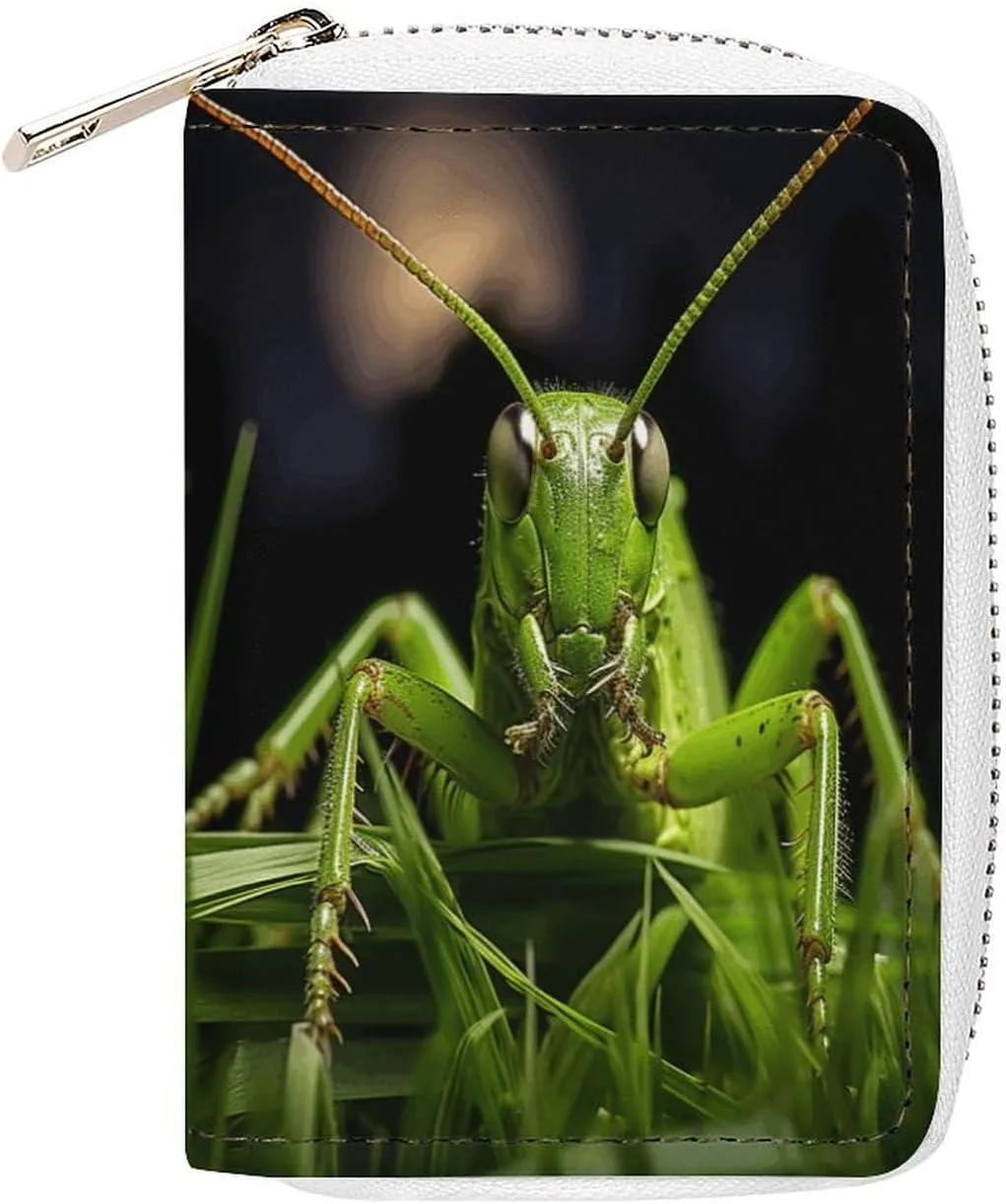 Slim Credit Card Holder Minimalist Grasshopper on Grass Printing Leather Card Bag Compact Card Organizer For Daily Use
