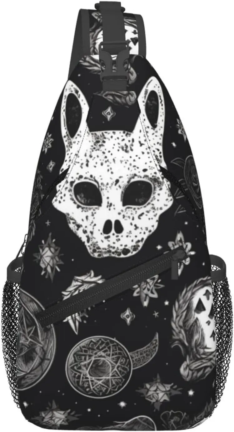Sling Backpack Adjustable Crossbody Shoulder Bags Skull Cat Moon Gothic Casual Chest Bag Hiking Daypack