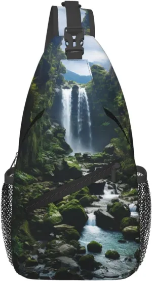 Sling Backpack Adjustable Crossbody Shoulder Bags Waterfall Cliff Casual Chest Bag Hiking Daypack