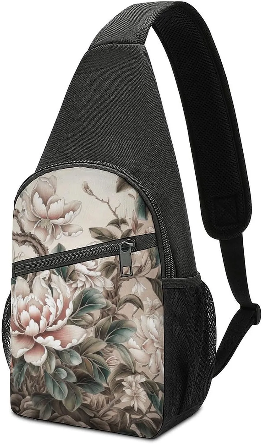 Sling Backpack for Women Men Crossbody Chest Bag Travel Floral Pattern Daypack Shoulder Bag for Hiking