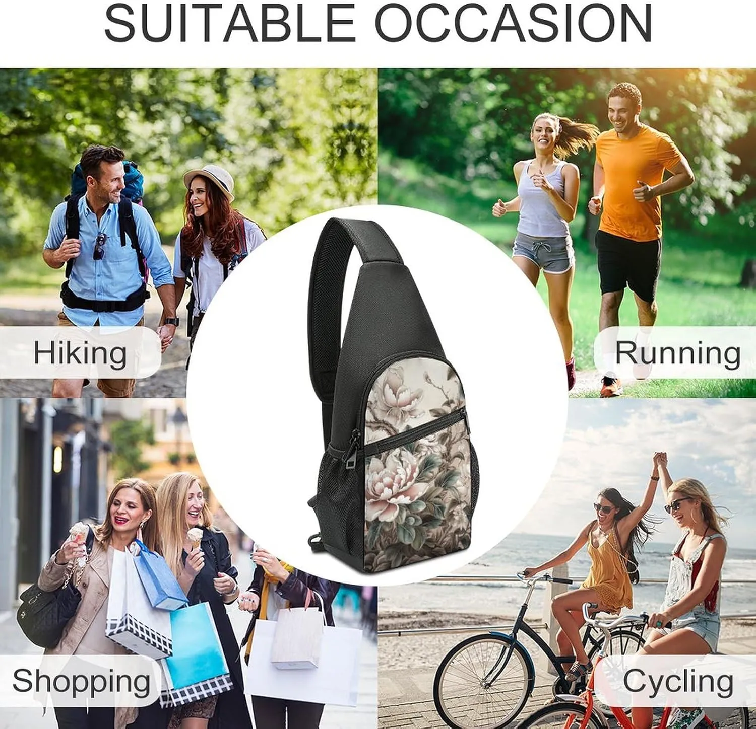 Sling Backpack for Women Men Crossbody Chest Bag Travel Floral Pattern Daypack Shoulder Bag for Hiking