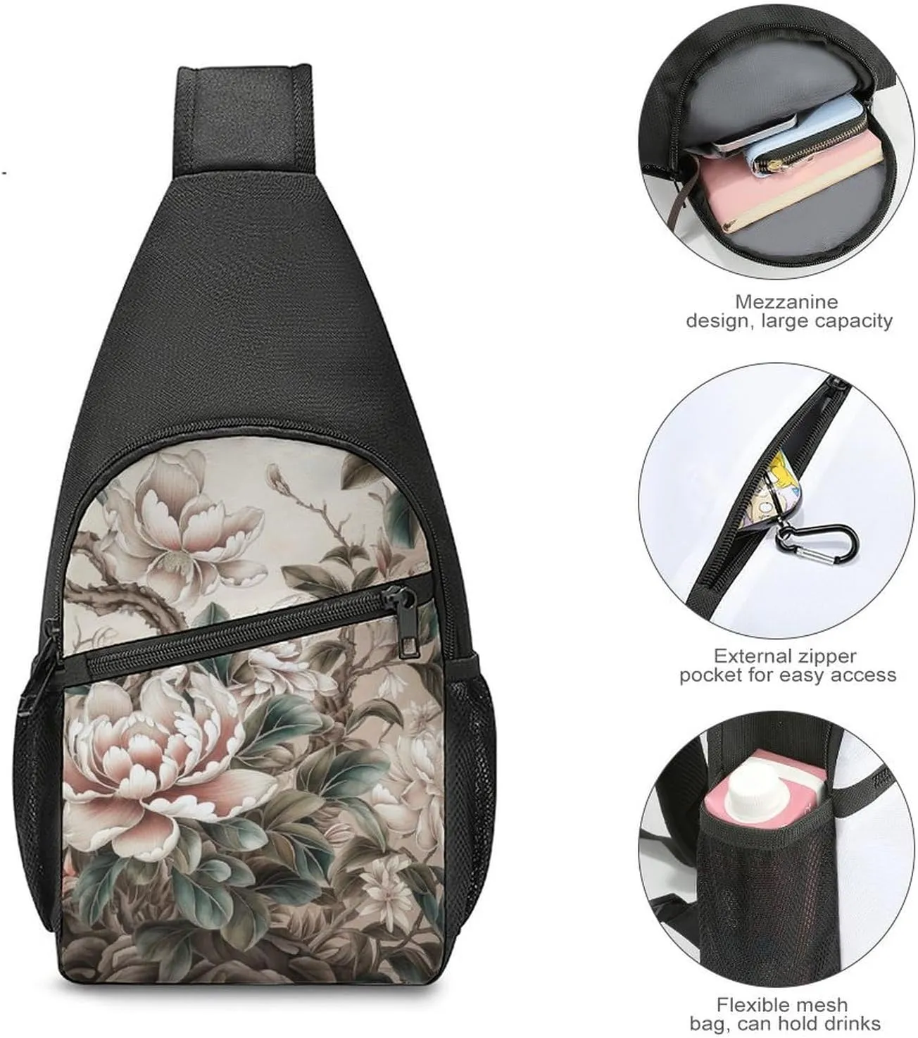 Sling Backpack for Women Men Crossbody Chest Bag Travel Floral Pattern Daypack Shoulder Bag for Hiking