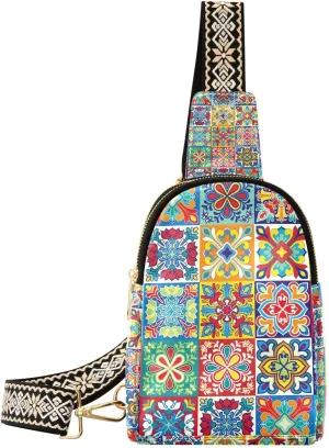 Sling Bag for Women Colorful Floral Flower Mosaic Boho Crossbody Backpack Purse Small Cross Body Bags Travel Shoulder Bags Chest Bag Casual Daypack