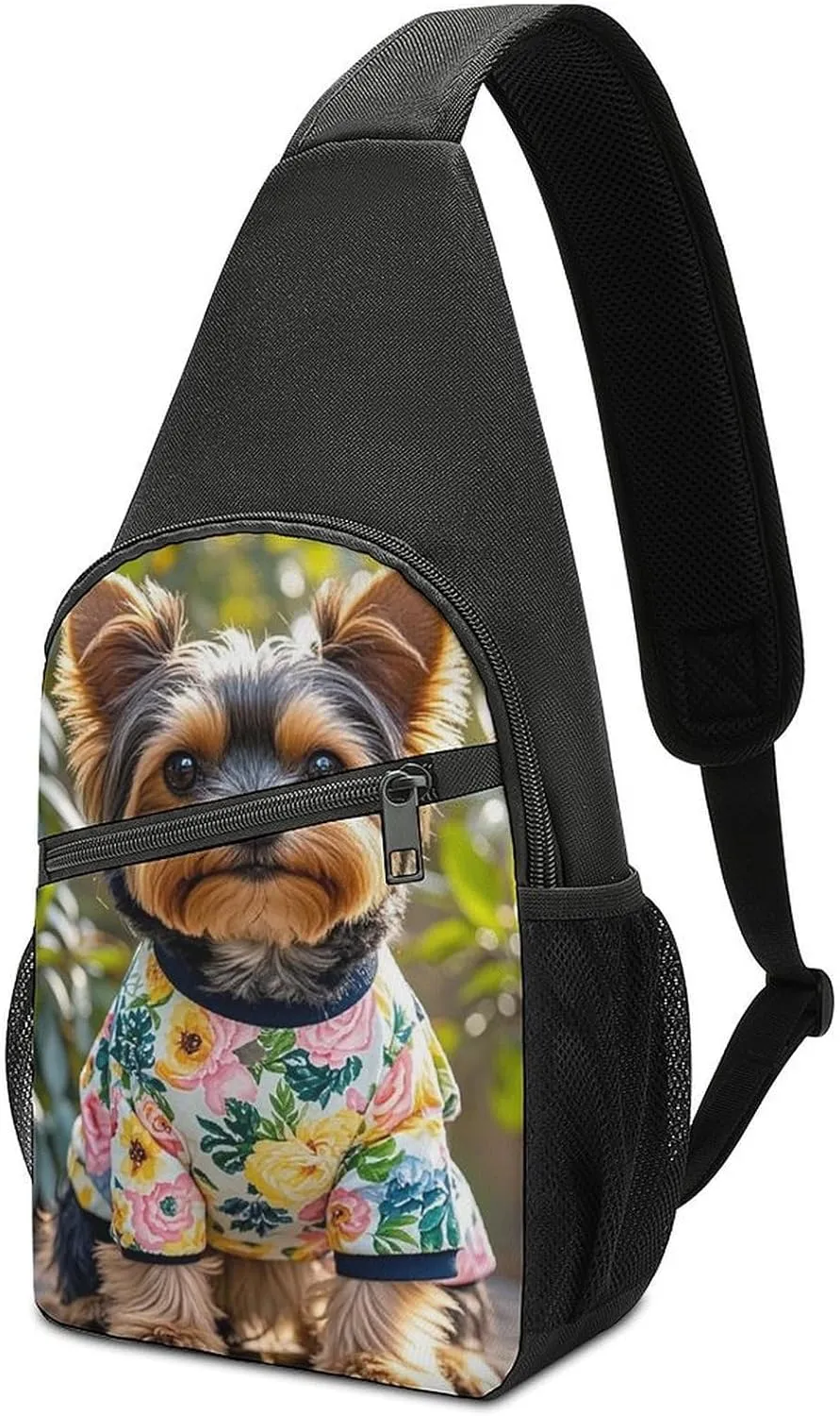 Sling Bag for Women Men Crossbody Bag Chest Bag Yorkie Floral Sling Backpack Fanny Packs Travel Hiking Daypack