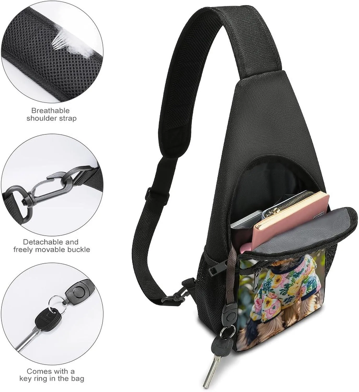 Sling Bag for Women Men Crossbody Bag Chest Bag Yorkie Floral Sling Backpack Fanny Packs Travel Hiking Daypack