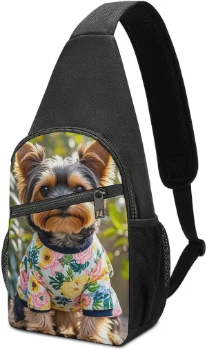 Sling Bag for Women Men Crossbody Bag Chest Bag Yorkie Floral Sling Backpack Fanny Packs Travel Hiking Daypack