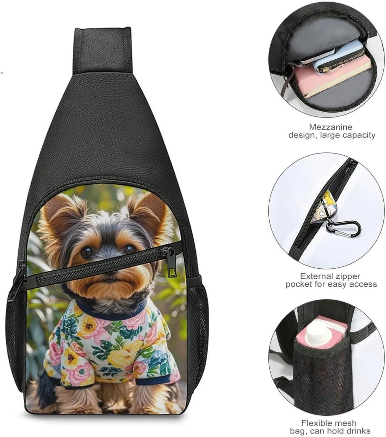 Sling Bag for Women Men Crossbody Bag Chest Bag Yorkie Floral Sling Backpack Fanny Packs Travel Hiking Daypack