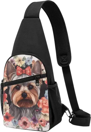 Sling Bag for Women Men Crossbody Shoulder Bag Yorkie Floral Chest Bag Small Sling Backpack Daypack Fanny Packs