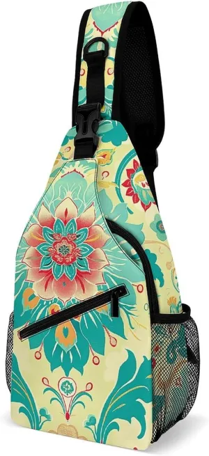 Sling Bag for Women Men Daypack Cartoon Floral Pattern Chest Bag Crossbody Backpack for Hiking Travel