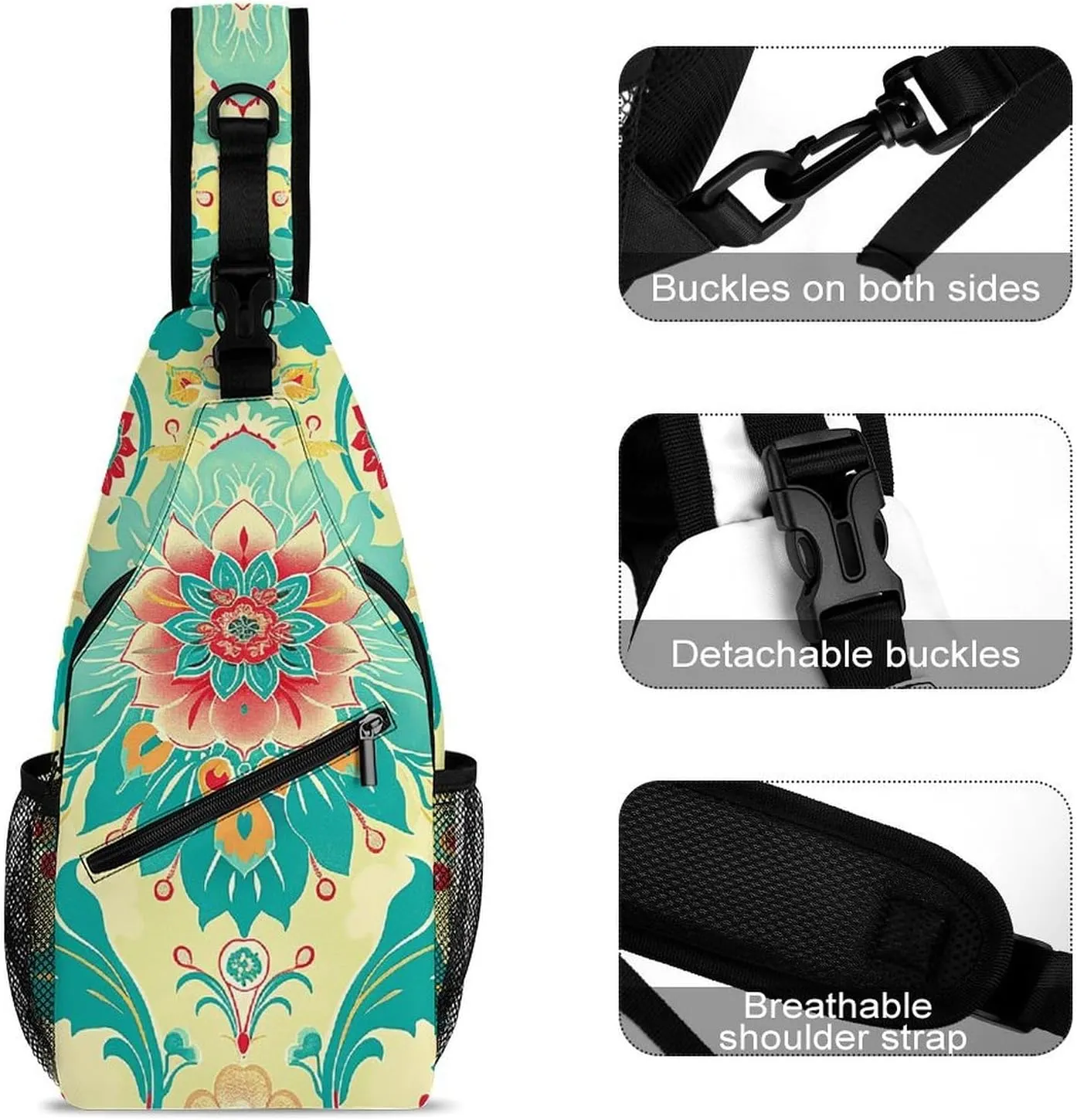 Sling Bag for Women Men Daypack Cartoon Floral Pattern Chest Bag Crossbody Backpack for Hiking Travel