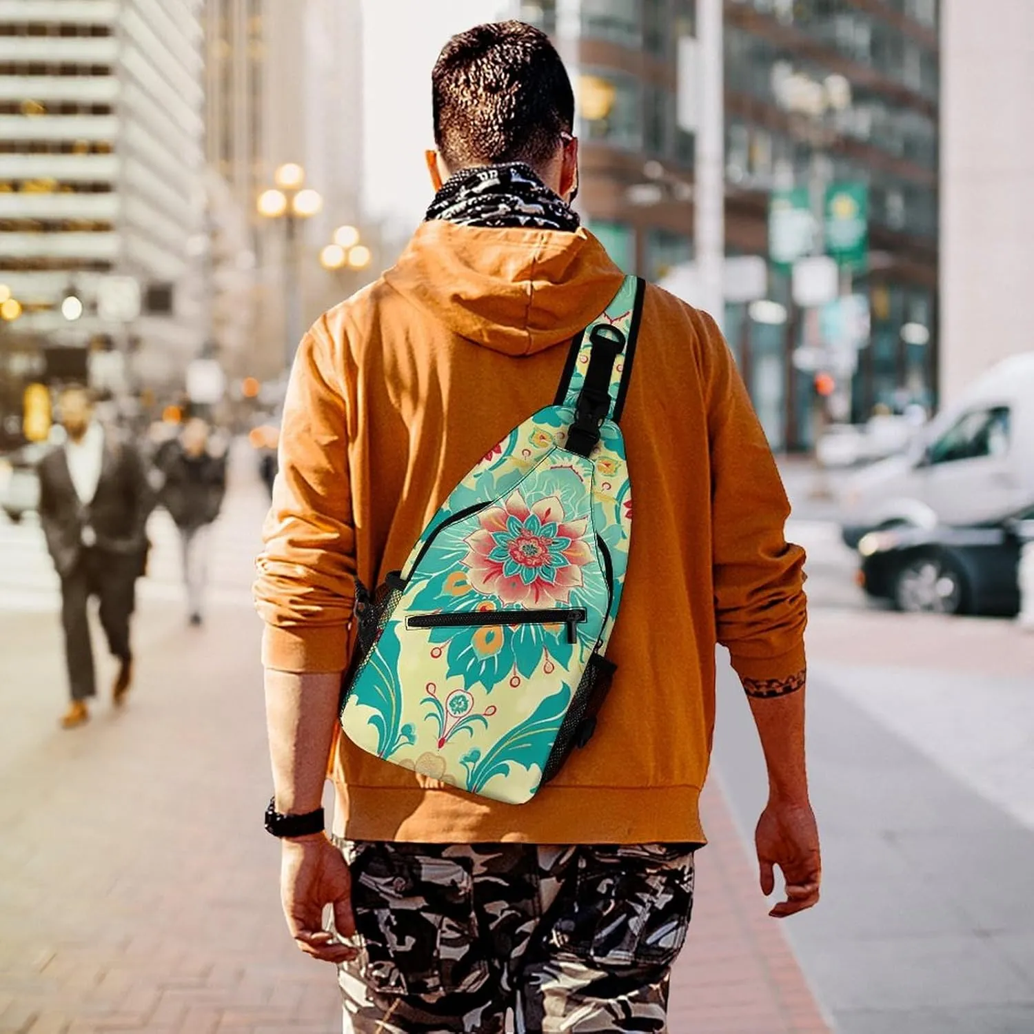 Sling Bag for Women Men Daypack Cartoon Floral Pattern Chest Bag Crossbody Backpack for Hiking Travel