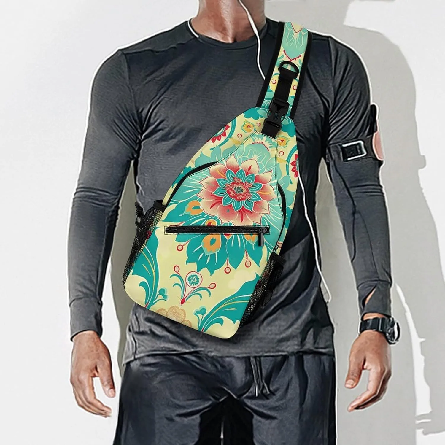 Sling Bag for Women Men Daypack Cartoon Floral Pattern Chest Bag Crossbody Backpack for Hiking Travel