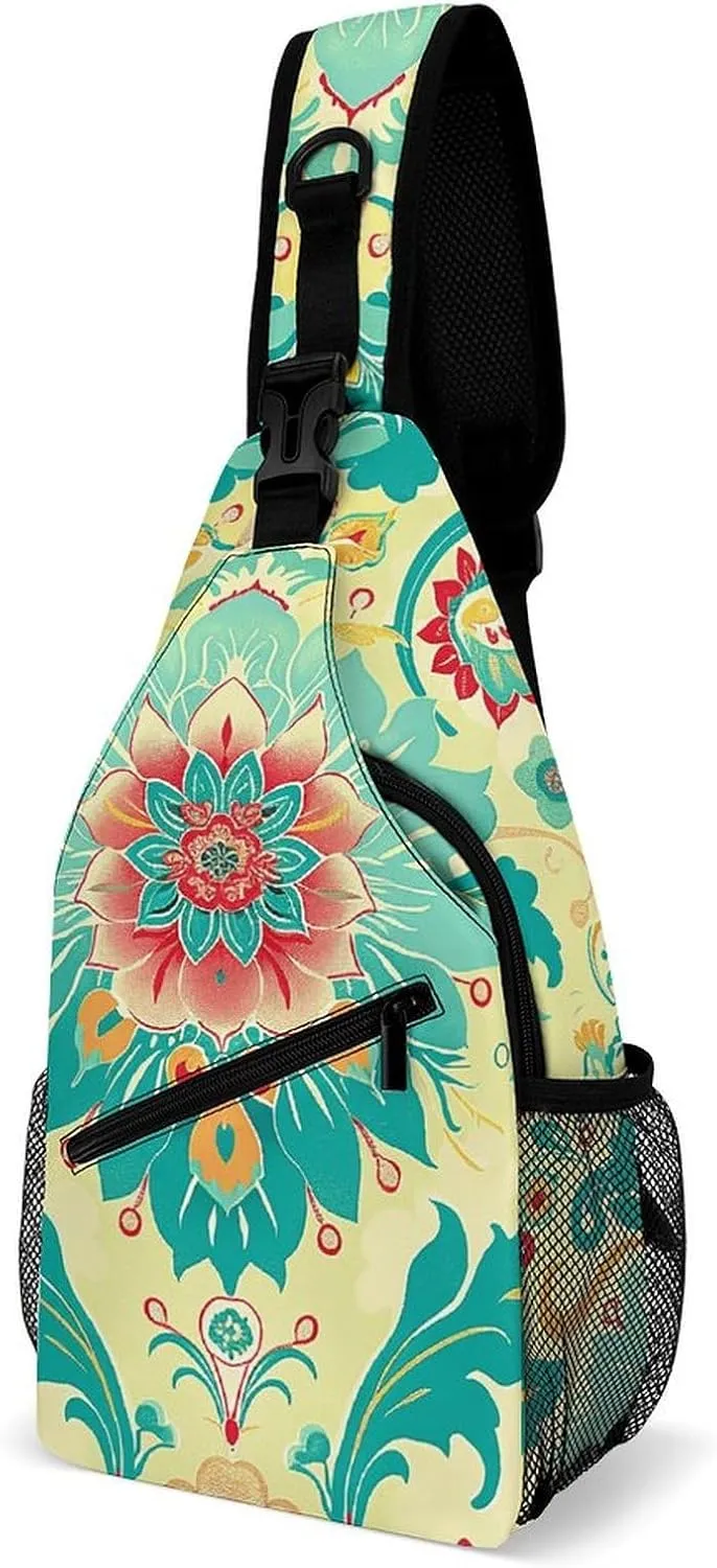 Sling Bag for Women Men Daypack Cartoon Floral Pattern Chest Bag Crossbody Backpack for Hiking Travel