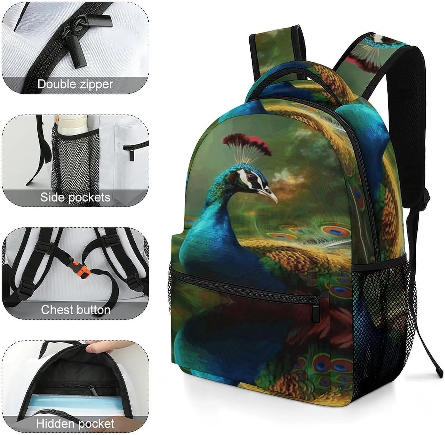 Small Backpacks Personalized Colorful Peacock Printing Travel Bag Lightweight Travel Backpack For Women Men