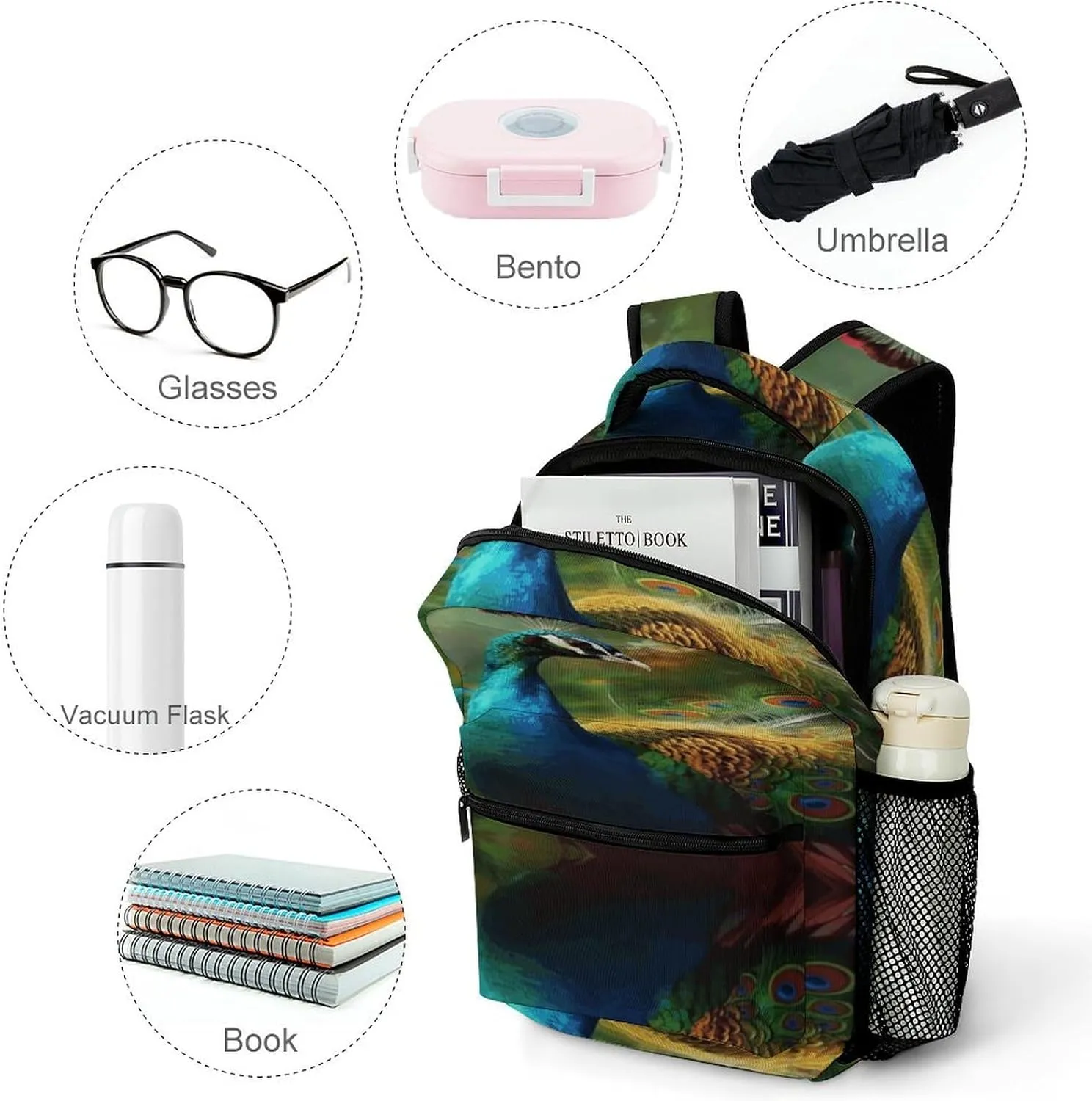 Small Backpacks Personalized Colorful Peacock Printing Travel Bag Lightweight Travel Backpack For Women Men
