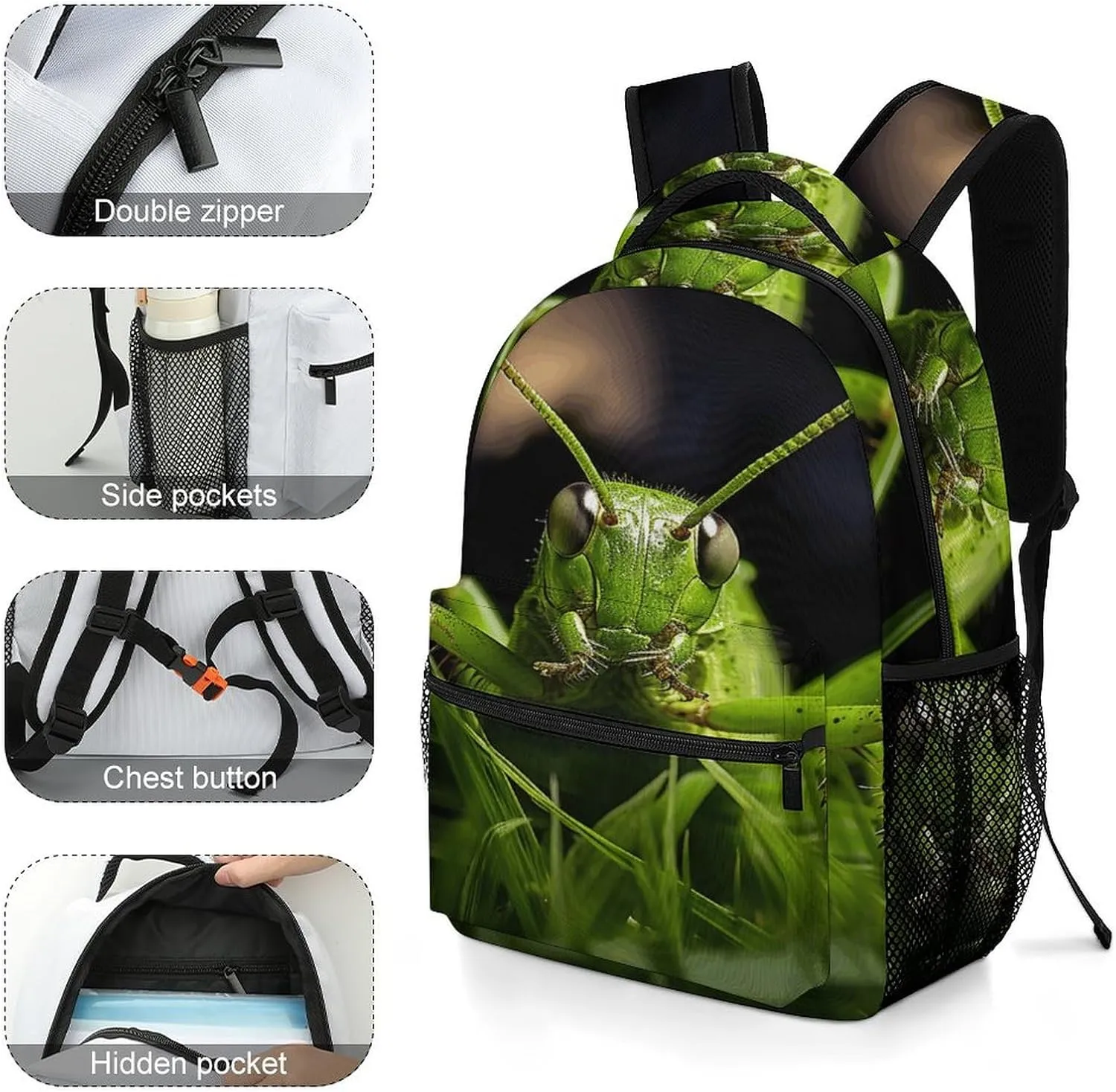 Small Backpacks Personalized Grasshopper on Grass Printing Travel Bag Lightweight Travel Backpack For Women Men