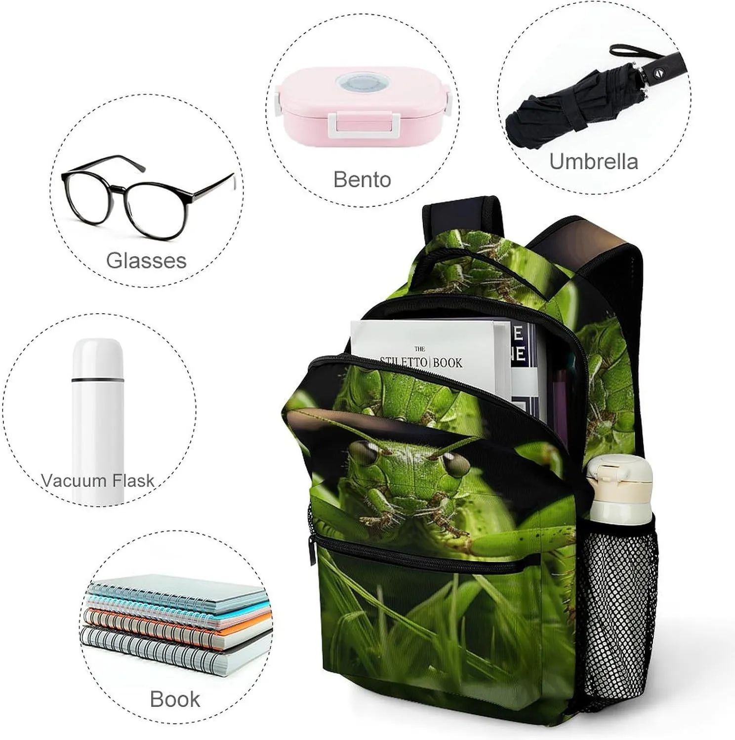 Small Backpacks Personalized Grasshopper on Grass Printing Travel Bag Lightweight Travel Backpack For Women Men