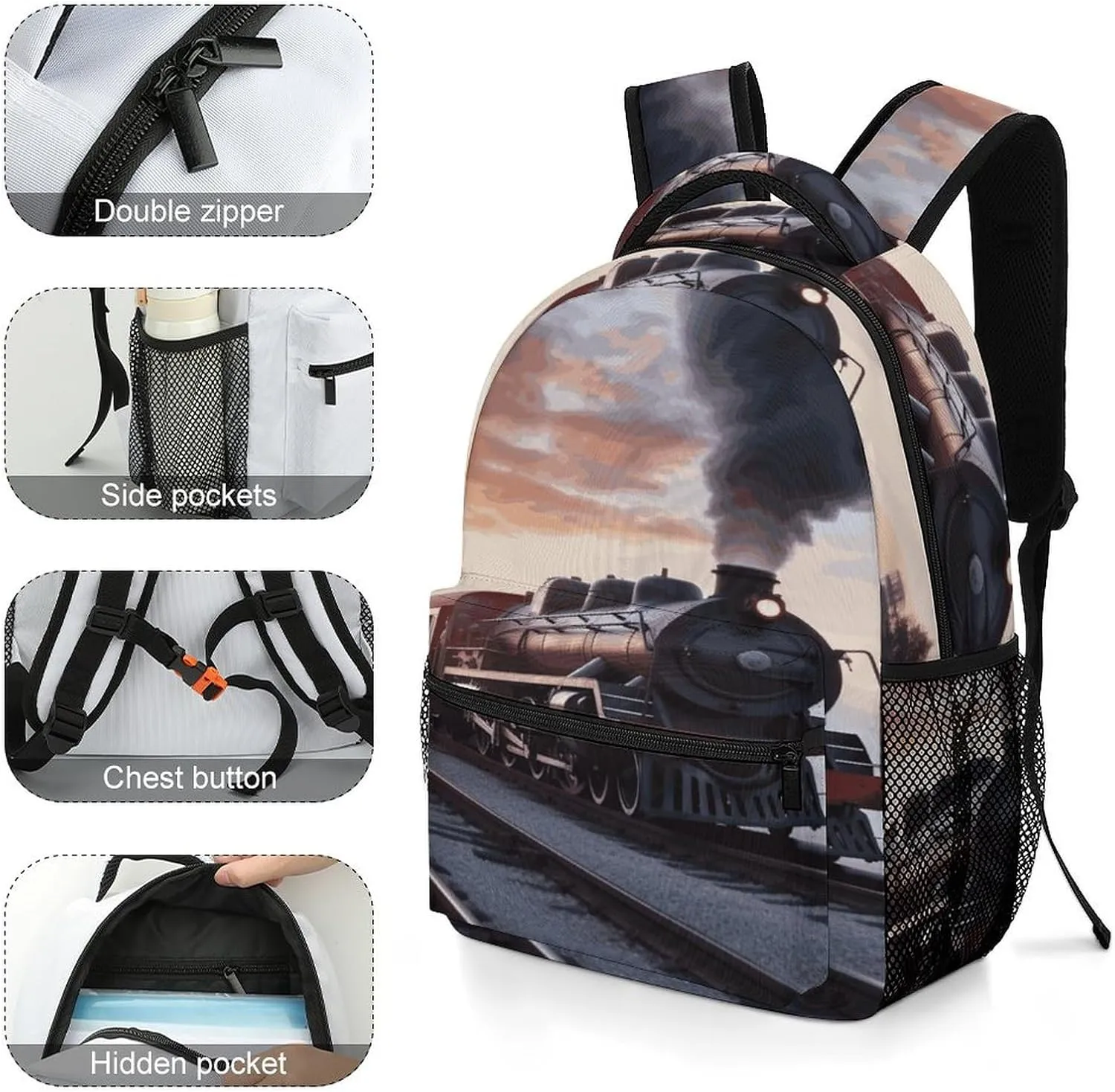 Small Backpacks Personalized Steam Train Depart Sunset Printing Travel Bag Lightweight Travel Backpack For Women Men