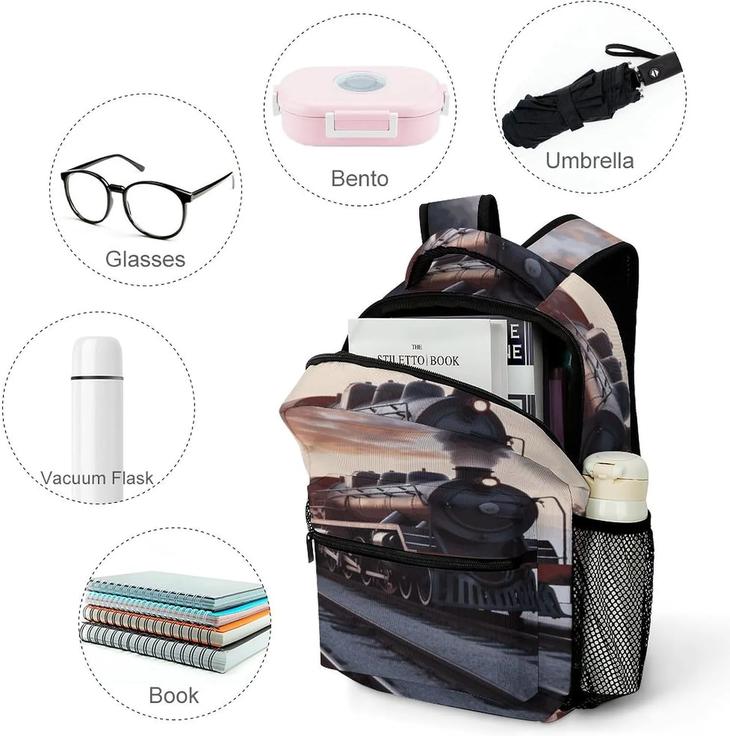 Small Backpacks Personalized Steam Train Depart Sunset Printing Travel Bag Lightweight Travel Backpack For Women Men