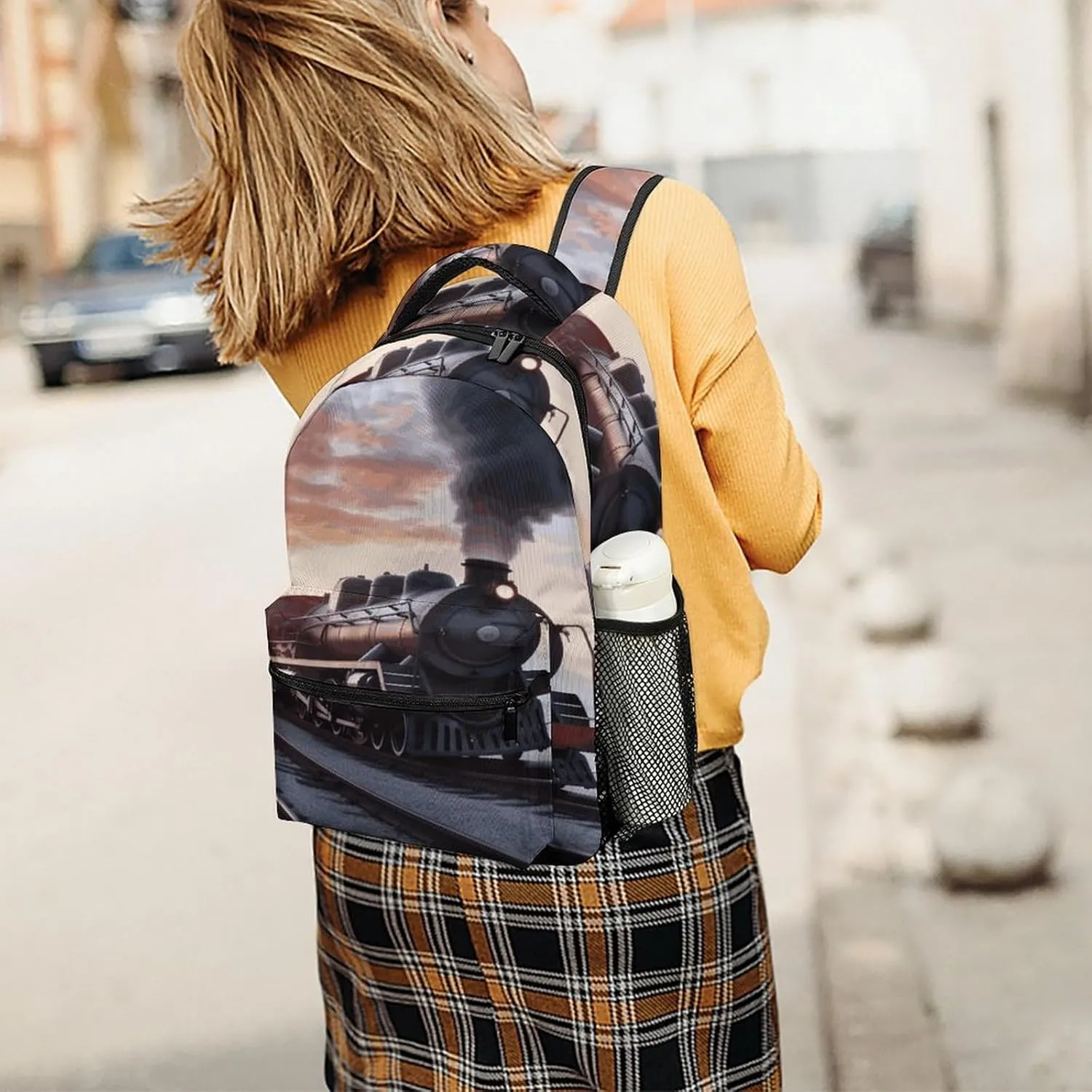 Small Backpacks Personalized Steam Train Depart Sunset Printing Travel Bag Lightweight Travel Backpack For Women Men