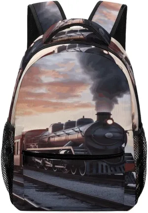 Small Backpacks Personalized Steam Train Depart Sunset Printing Travel Bag Lightweight Travel Backpack For Women Men